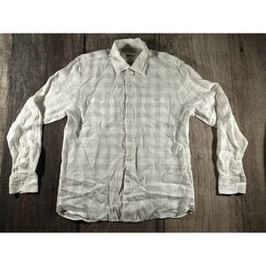 Joseph Abboud Mens White Cream Plaid Linen Button-Up Shirt Size Large